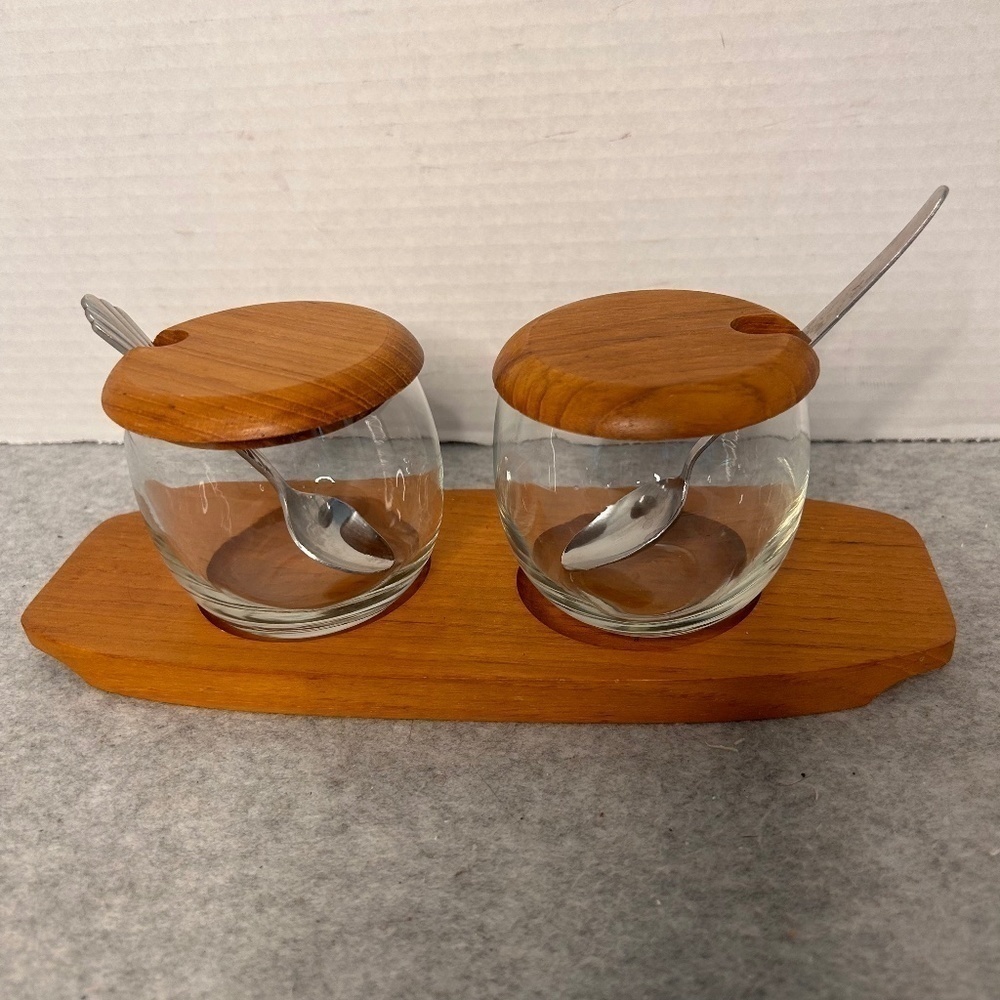 Vintage Teakwood Condiment 2 Piece Server With Tray And Spoons Glass Container